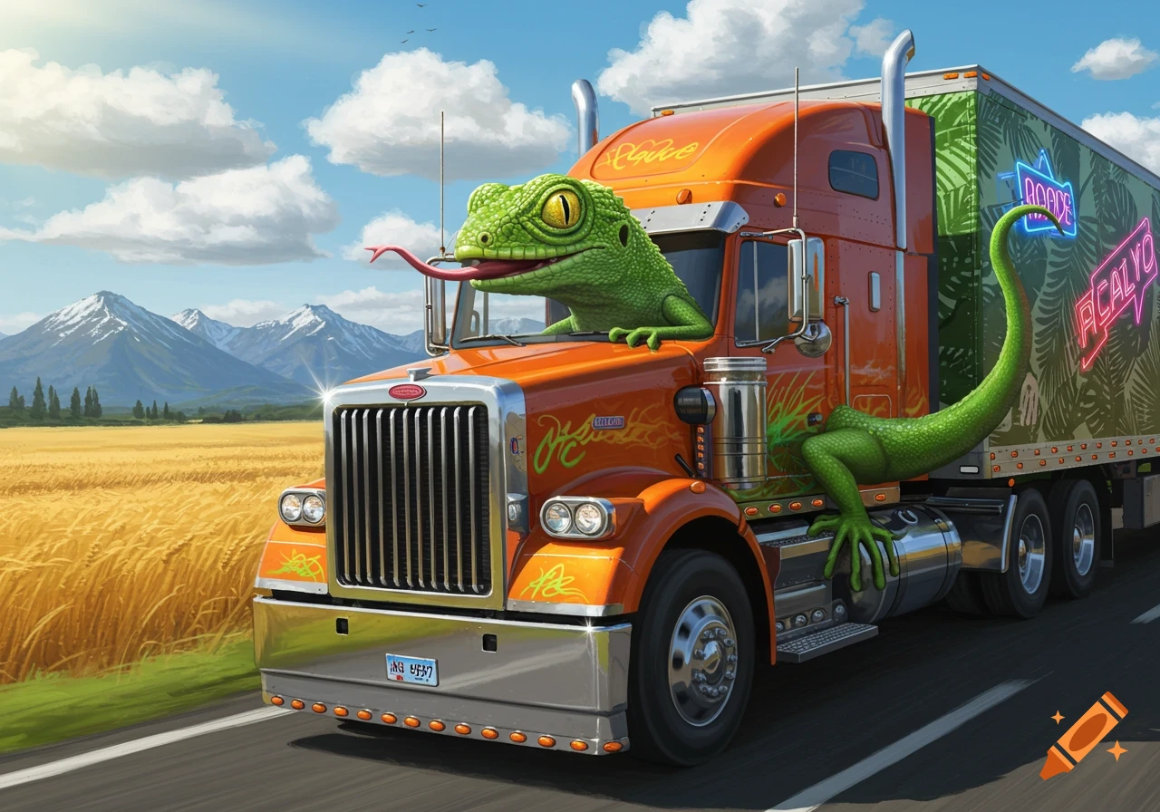 A large green lizard with a long tongue sticks its head out of the windshield of a brightly colored orange semi-truck, its tail and legs draped over the truck's side. The truck drives down a road through a field with snow-capped mountains in the background under a blue sky.