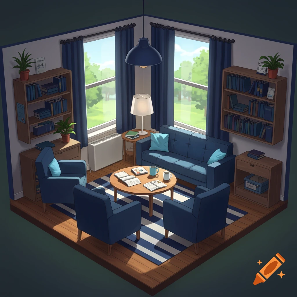 An isometric view of a blue-themed student lounge with a sofa, armchairs, coffee table, and bookshelves by large windows.