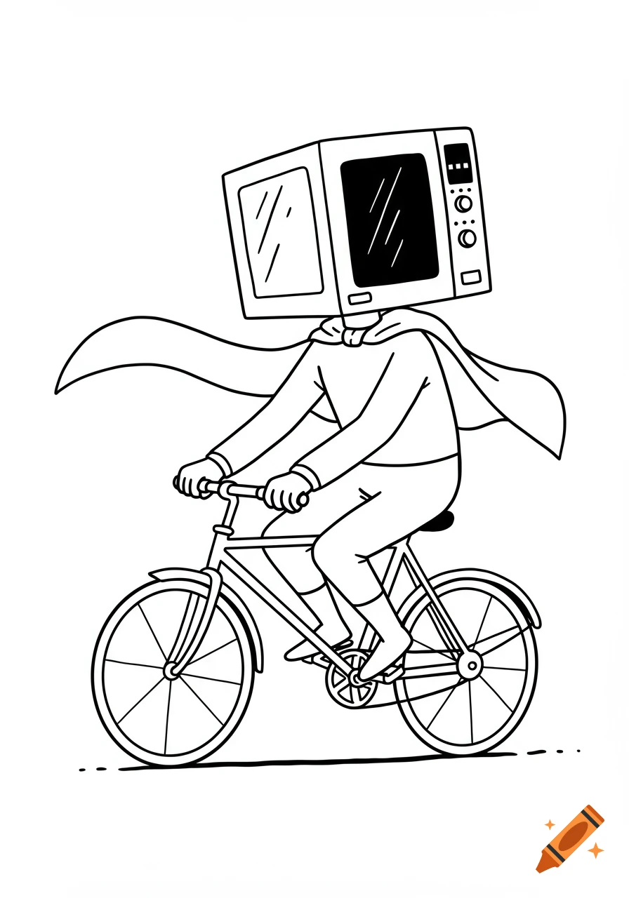 Black and white line drawing of a superhero-like character with a microwave oven for a head, wearing a cape, riding a bicycle.