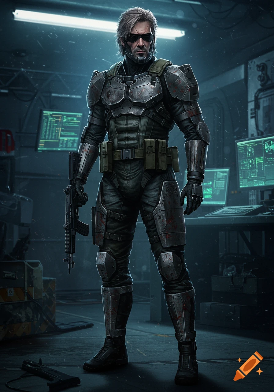 A male character resembling Solid Snake in tactical sci-fi armor holds a rifle in a dimly lit, futuristic control room.
