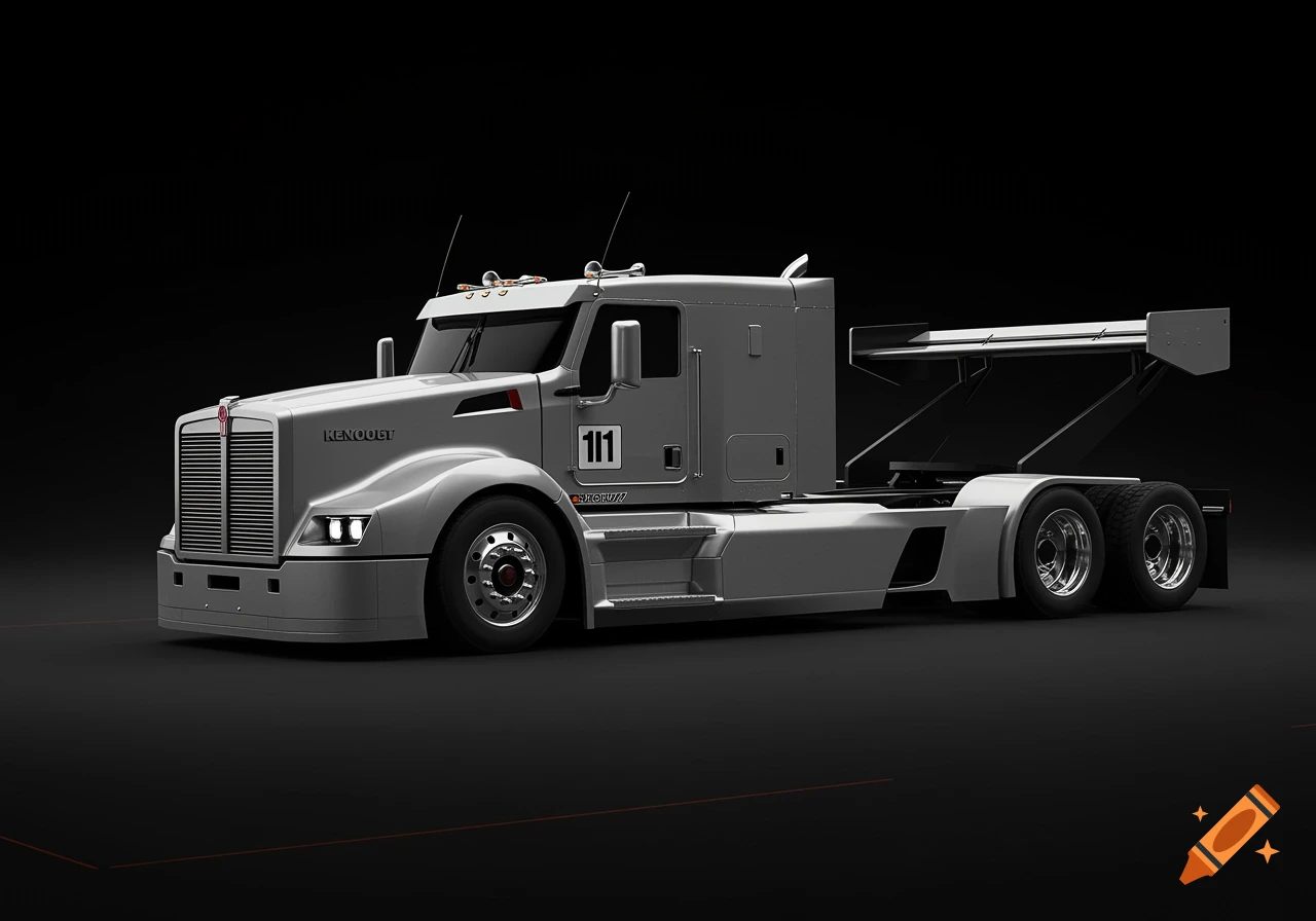 A sleek, silver race truck with a large rear spoiler, number 111, against a dark background.