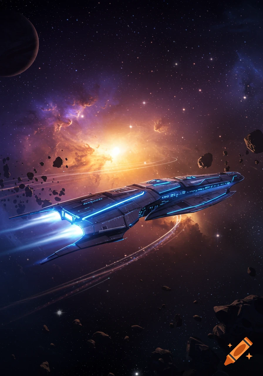 A futuristic spaceship with glowing blue lights flies through a starry nebula in deep space, with a planet and asteroids nearby.