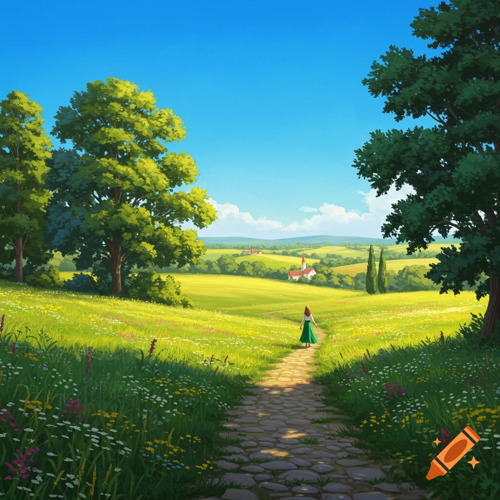 An illustrated landscape shows a person walking on a stone path through vibrant green fields with wildflowers, trees, and distant village under a clear blue sky.