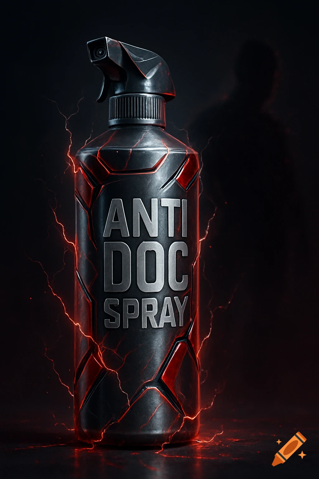 A dark, metallic spray bottle with red glowing cracks and the text 'ANTI DOC SPRAY' on its label, surrounded by red lightning.
