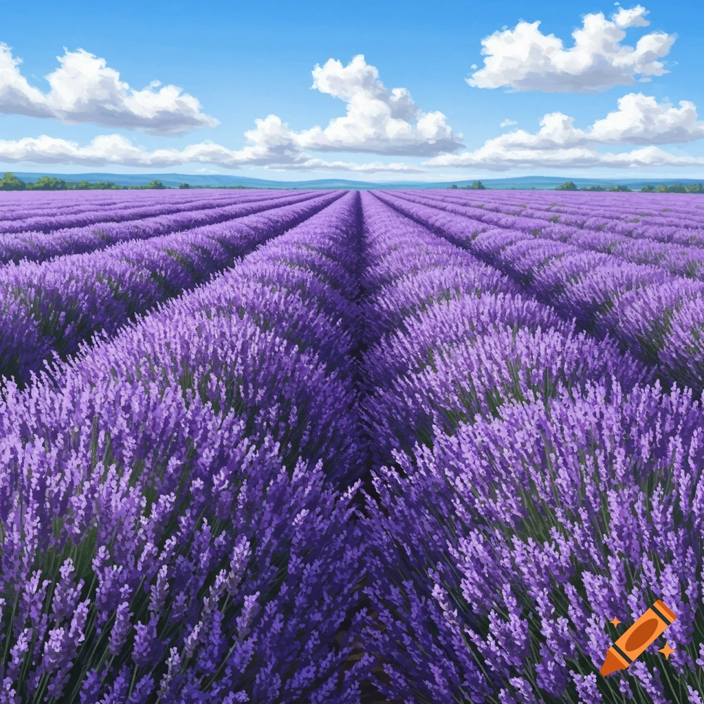 A vibrant lavender field stretches into the distance under a blue sky with white clouds, in an illustrative style.