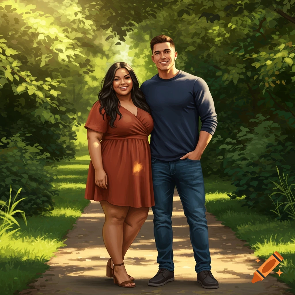 A smiling man and a curvy woman stand on a sunlit path surrounded by green trees, in a digital painting style.