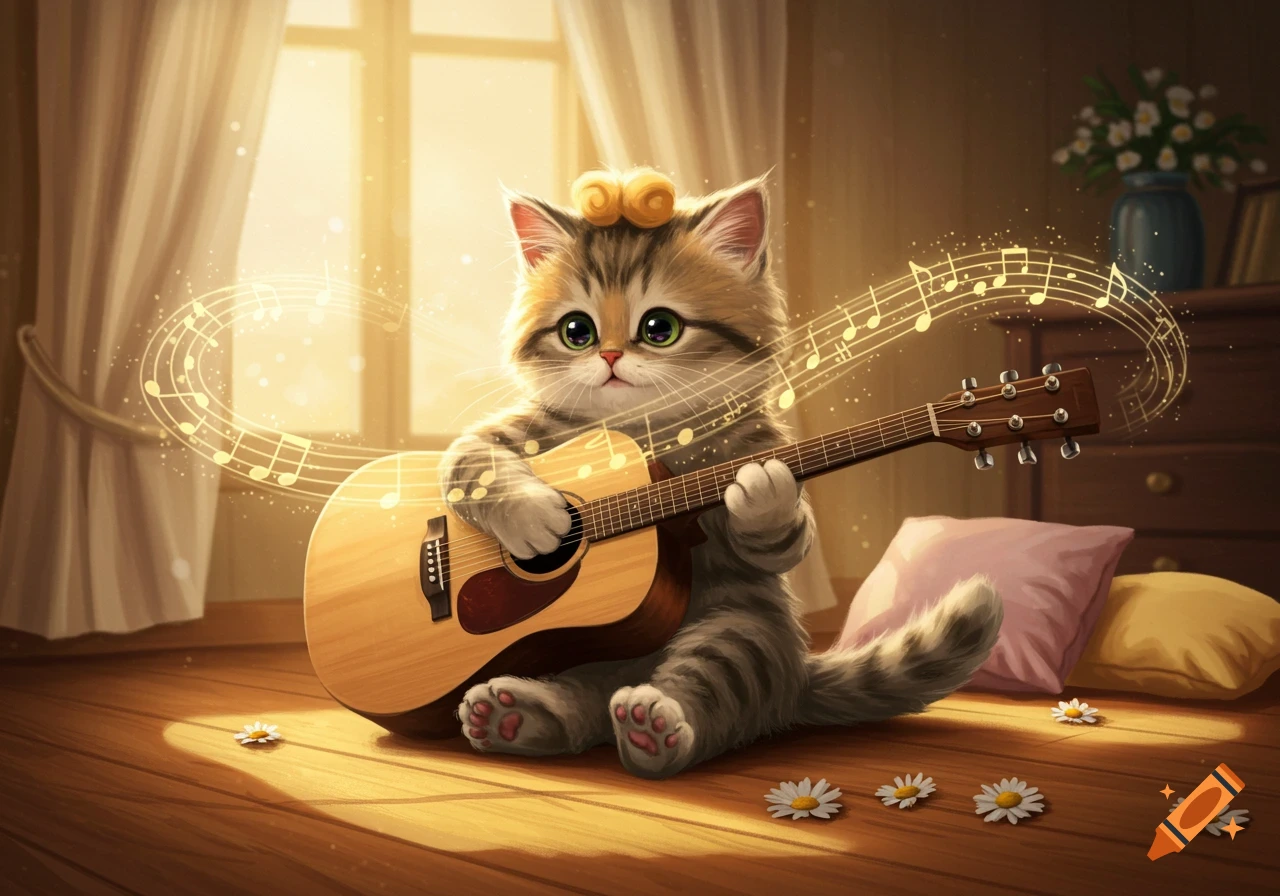 A cute tabby kitten with big green eyes sits on a wooden floor, strumming an acoustic guitar, with golden musical notes floating around it in a warm, sunlit room.