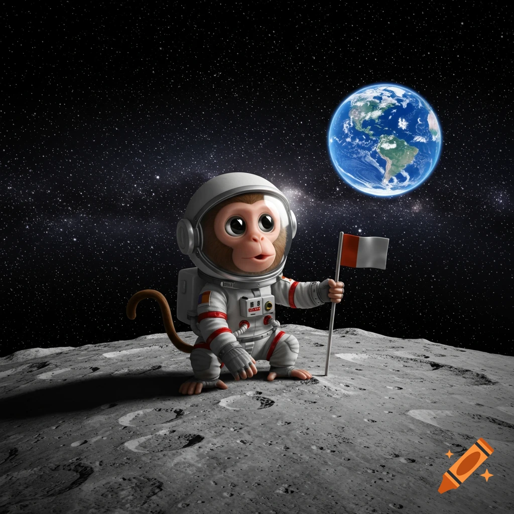 A cute cartoon monkey astronaut kneels on the moon, holding a flag, with Earth visible in the background against a starry sky.