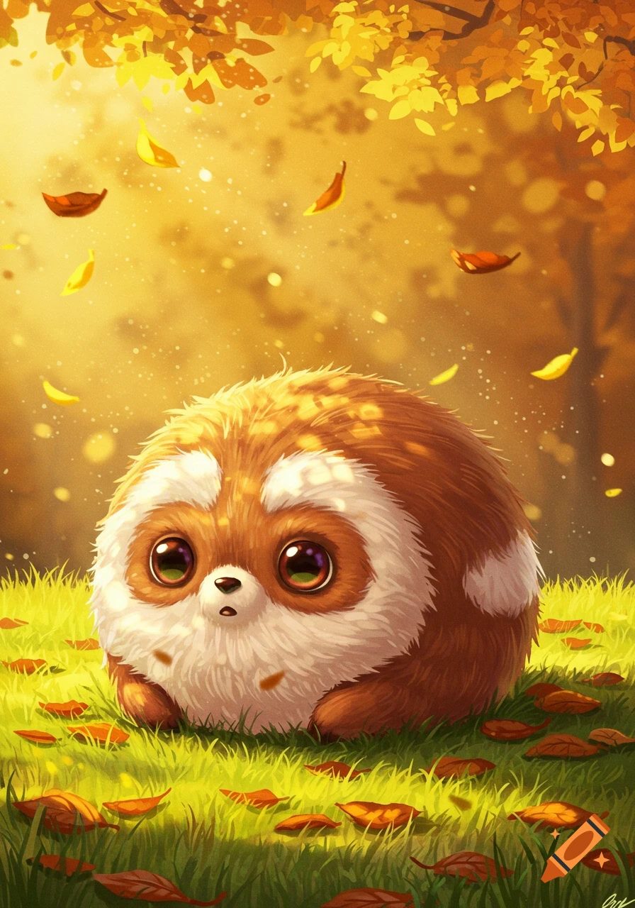 A cute, fluffy, round brown and white creature with big eyes sits in green grass with fallen autumn leaves under golden trees.