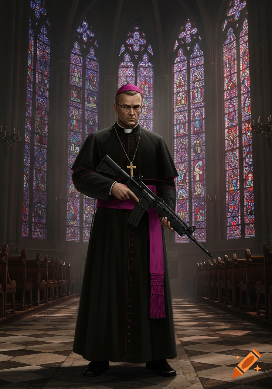 A stern-looking priest in a cassock stands in a church, holding an assault rifle, with large stained glass windows in the background.
