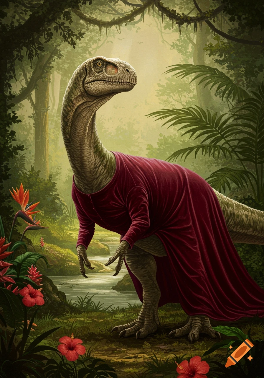 A long-necked dinosaur wearing a red dress stands gracefully in a vibrant jungle with a stream and red tropical flowers.