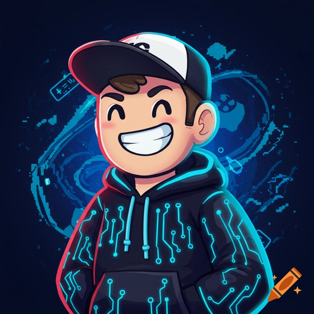 A cartoon boy with brown hair and a big smile wears a black and white baseball cap and a black hoodie with glowing blue circuit board patterns. The background is dark blue with pixelated blue digital elements.