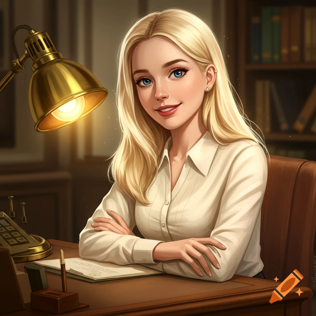Digital art portrait of a blonde woman in a white shirt smiling at a desk with a lamp, phone, and books.