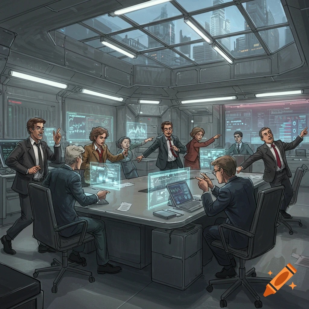 An overhead shot of people in a futuristic meeting room, pointing and looking confused amidst glowing holographic screens.