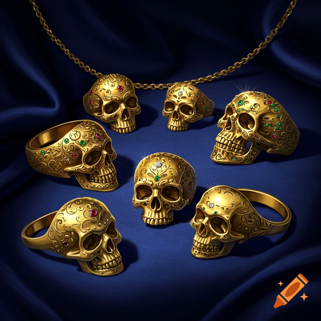 Gold skull rings and a necklace adorned with colorful gems resting on a dark blue fabric.