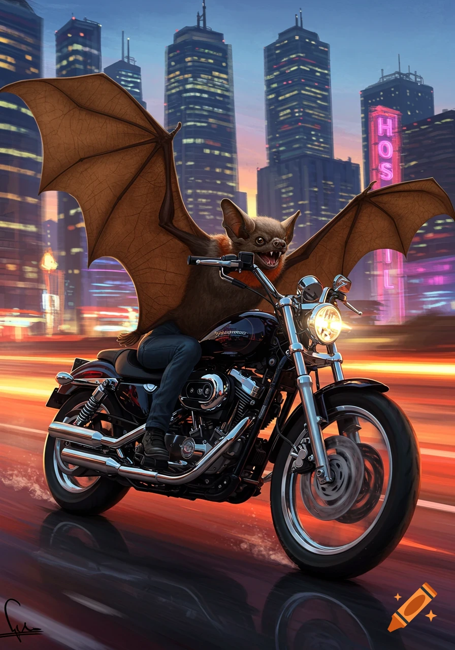A large brown bat with outstretched wings rides a black Harley-Davidson motorcycle down a city street at sunset, with a blurred city skyline in the background.