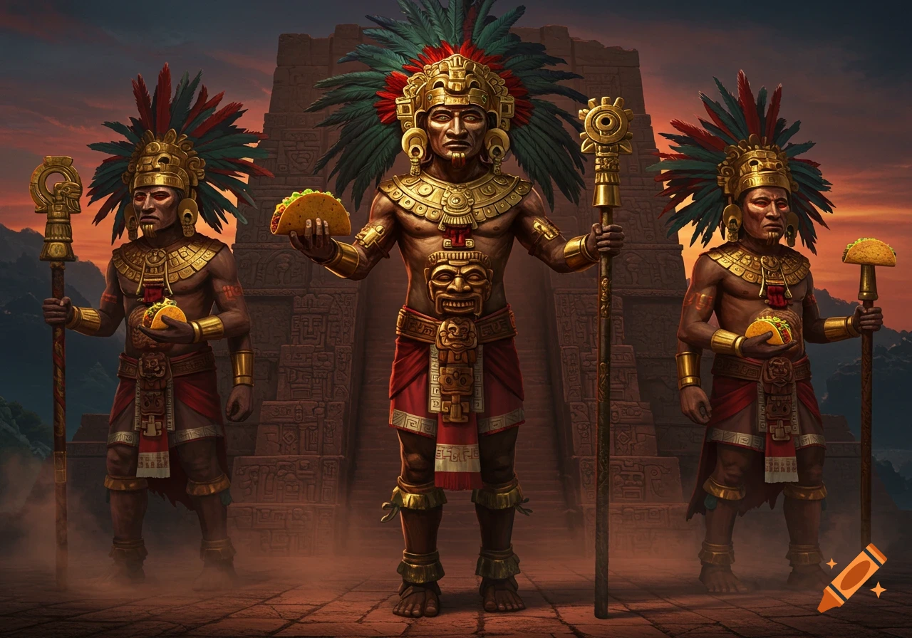 Three Aztec-style deities in gold and red attire holding tacos, standing before an ancient pyramid at sunset.