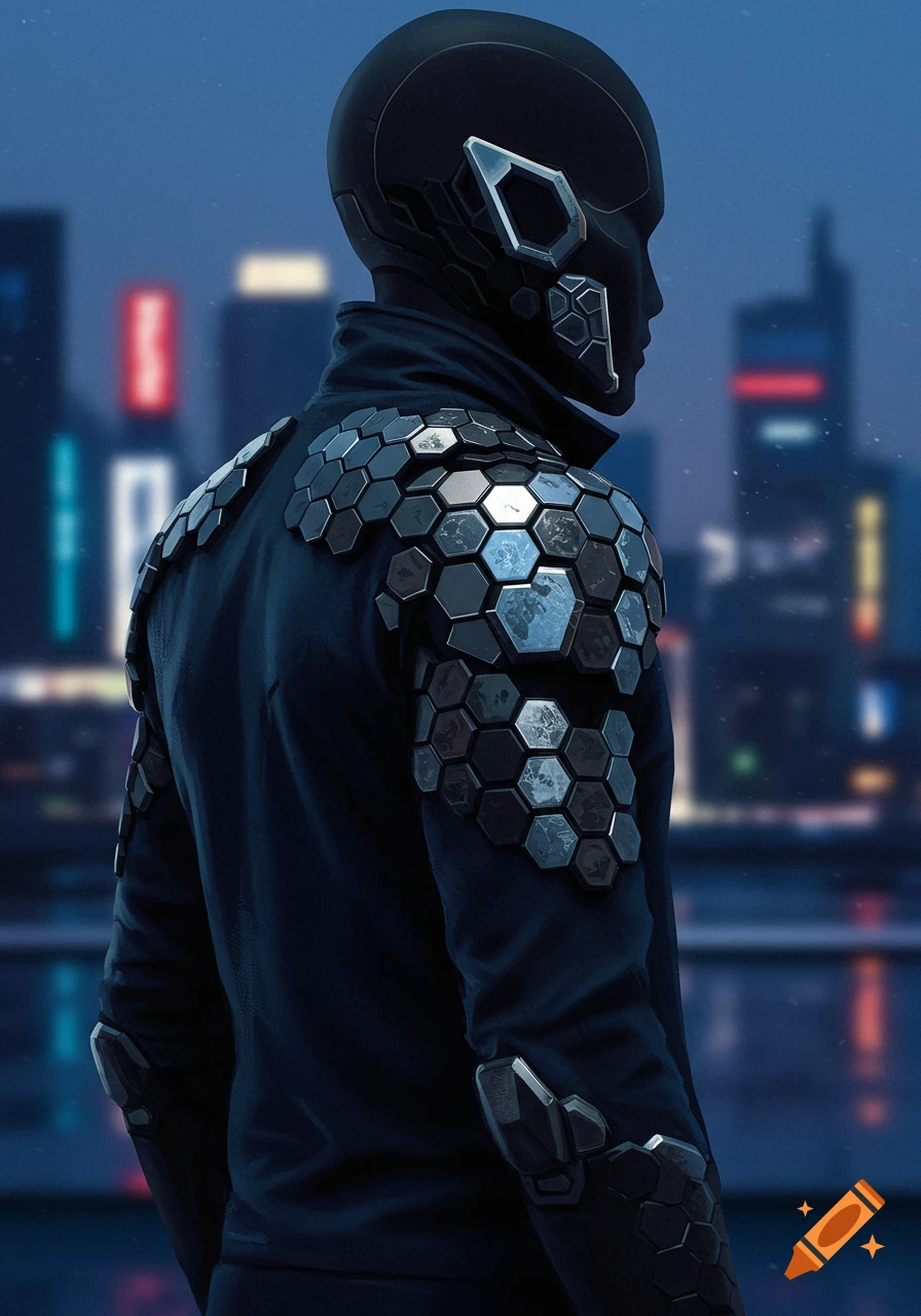 A person in a dark, futuristic suit with hexagonal armor stands looking at a city skyline at night.
