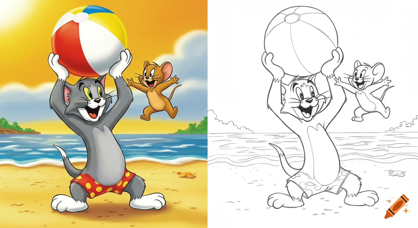 A split image showing a colored illustration of Tom and Jerry playing with a beach ball on a sunny beach, next to a black-and-white outline version of the same scene.