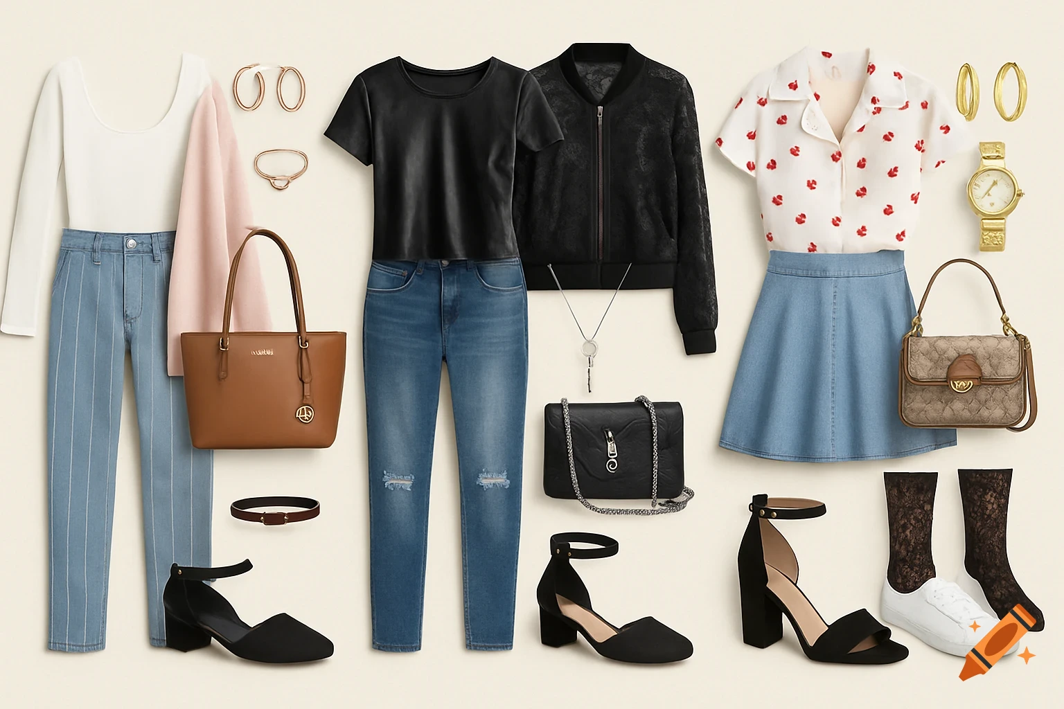 Three flat lay outfits with various clothing items, shoes, bags, and jewelry on a light background.