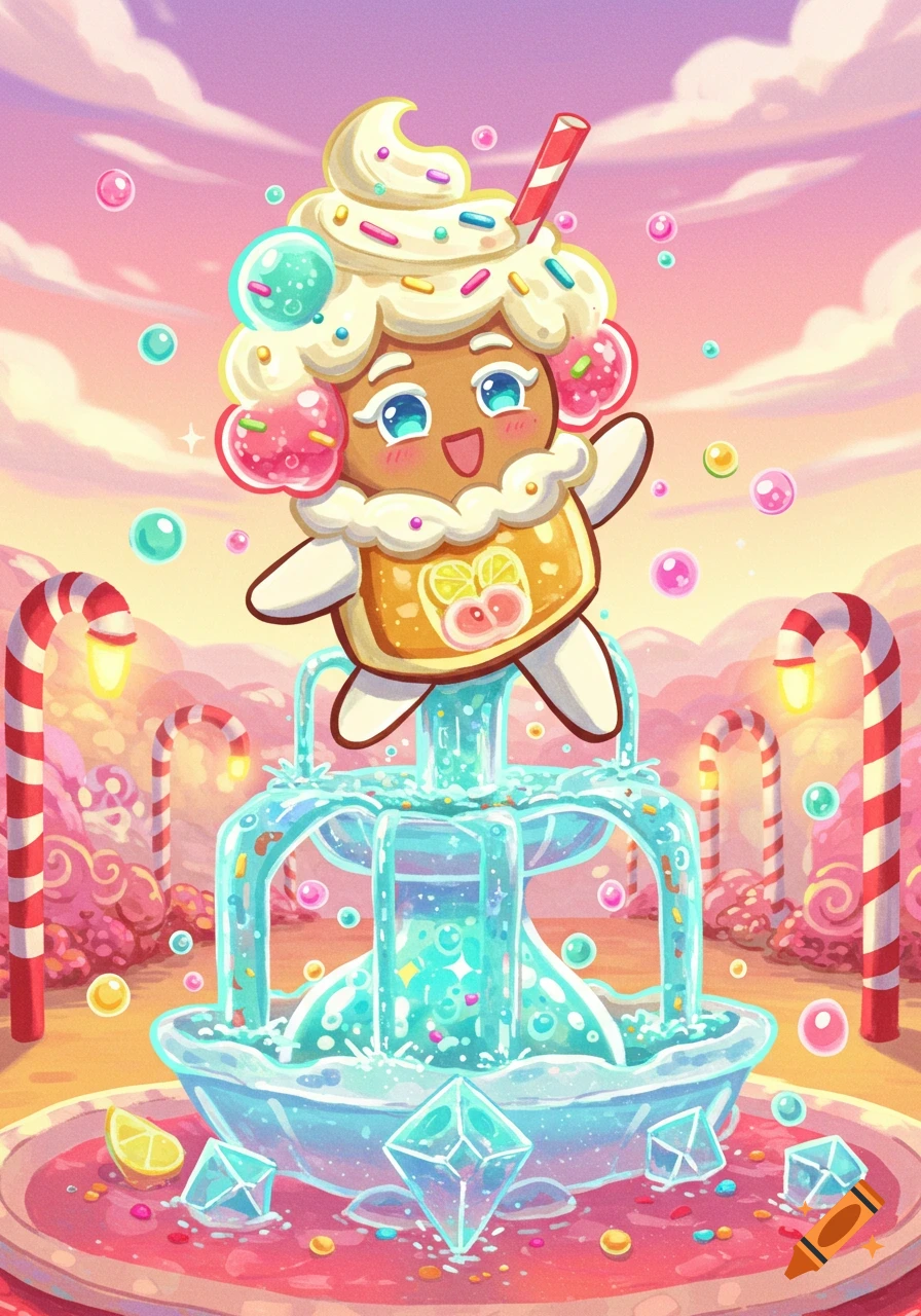 A happy cartoon cookie character made of cream soda with sprinkles stands on a sparkling blue fountain in a vibrant candy land.