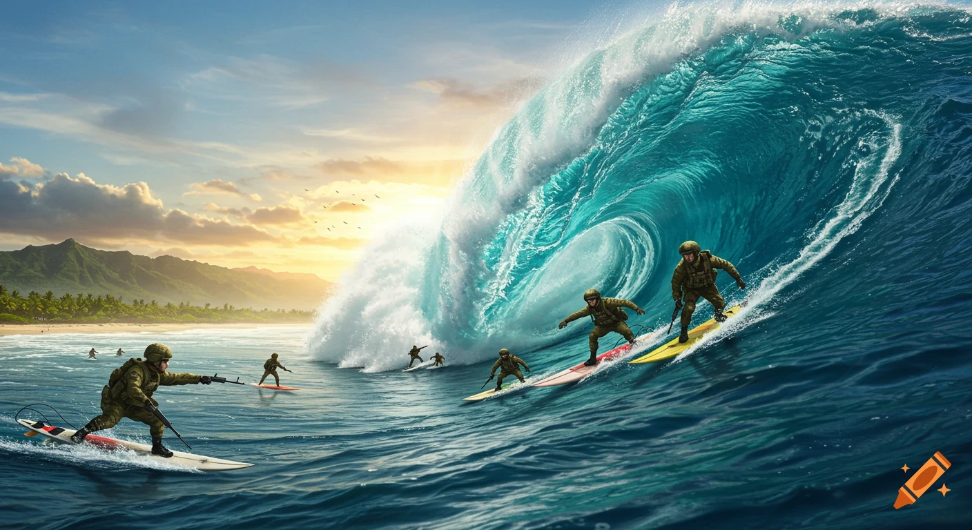 Photorealistic image of soldiers in military gear surfing on a gigantic tsunami wave towards a tropical beach with mountains.