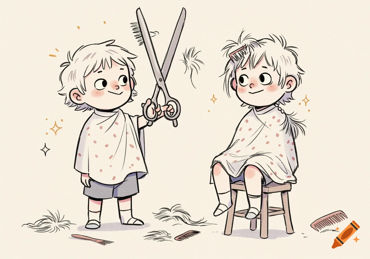 A charming cartoon illustration of one child giving another child a haircut, with hair clippings on the floor.