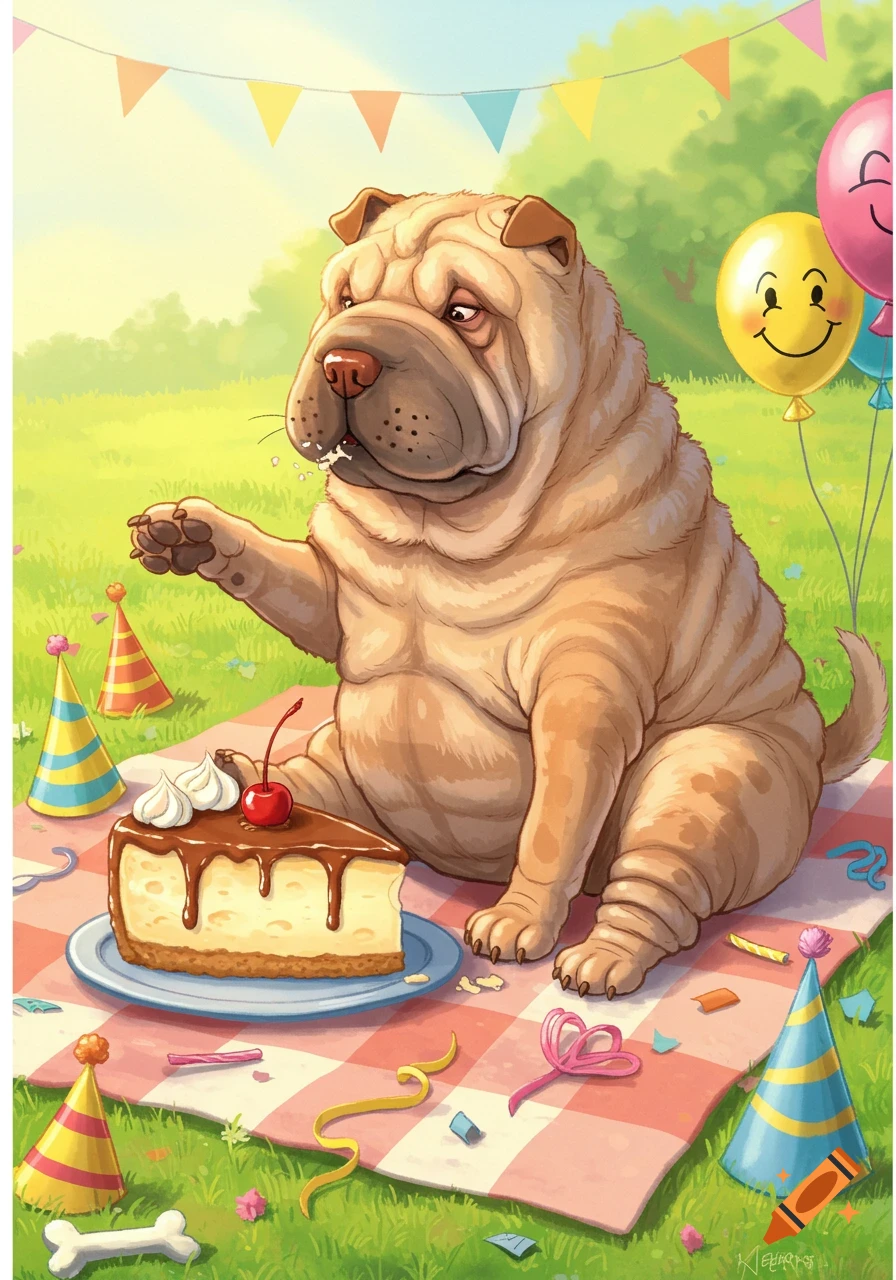 Cartoon illustration of a Shar Pei dog sitting on a picnic blanket, eating a slice of cheesecake, surrounded by party decorations and balloons.