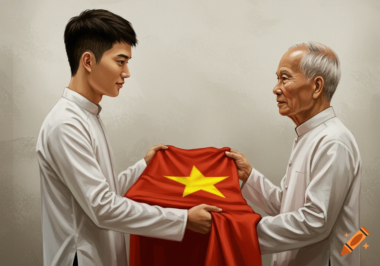 An illustration of a young man and an old man, both in white shirts, holding a red flag with a yellow star.