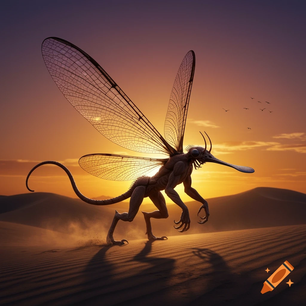 A monstrous insectoid creature with large translucent wings and a long snout walks across sand dunes at sunset.