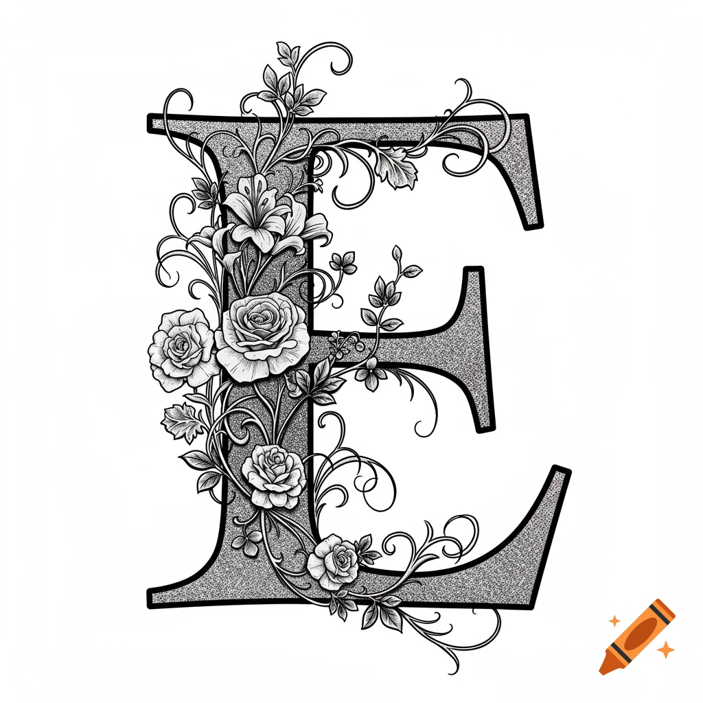Decorative capital letter E, ornate with black and white floral illustrations of roses and leaves on a white background.