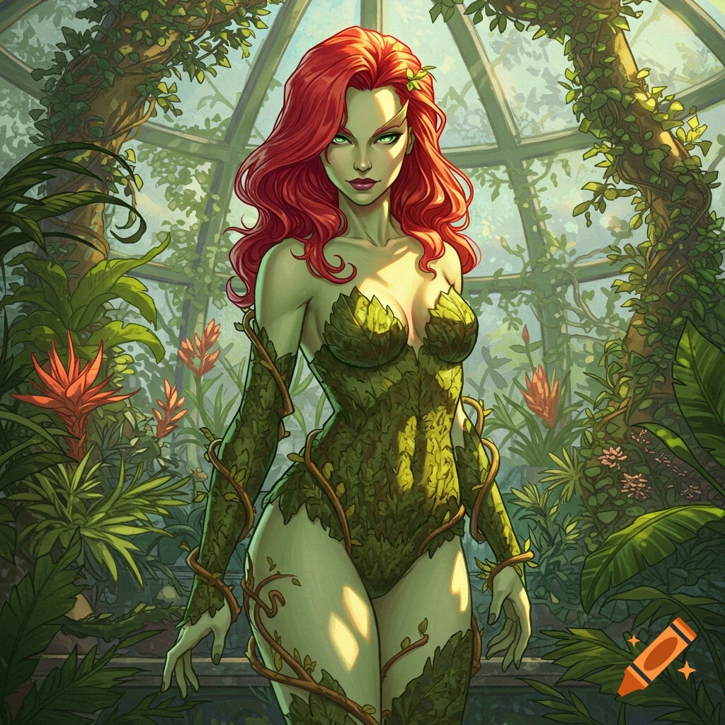 Poison Ivy with red hair and green skin wearing a leaf costume stands in a lush greenhouse, comic book style.