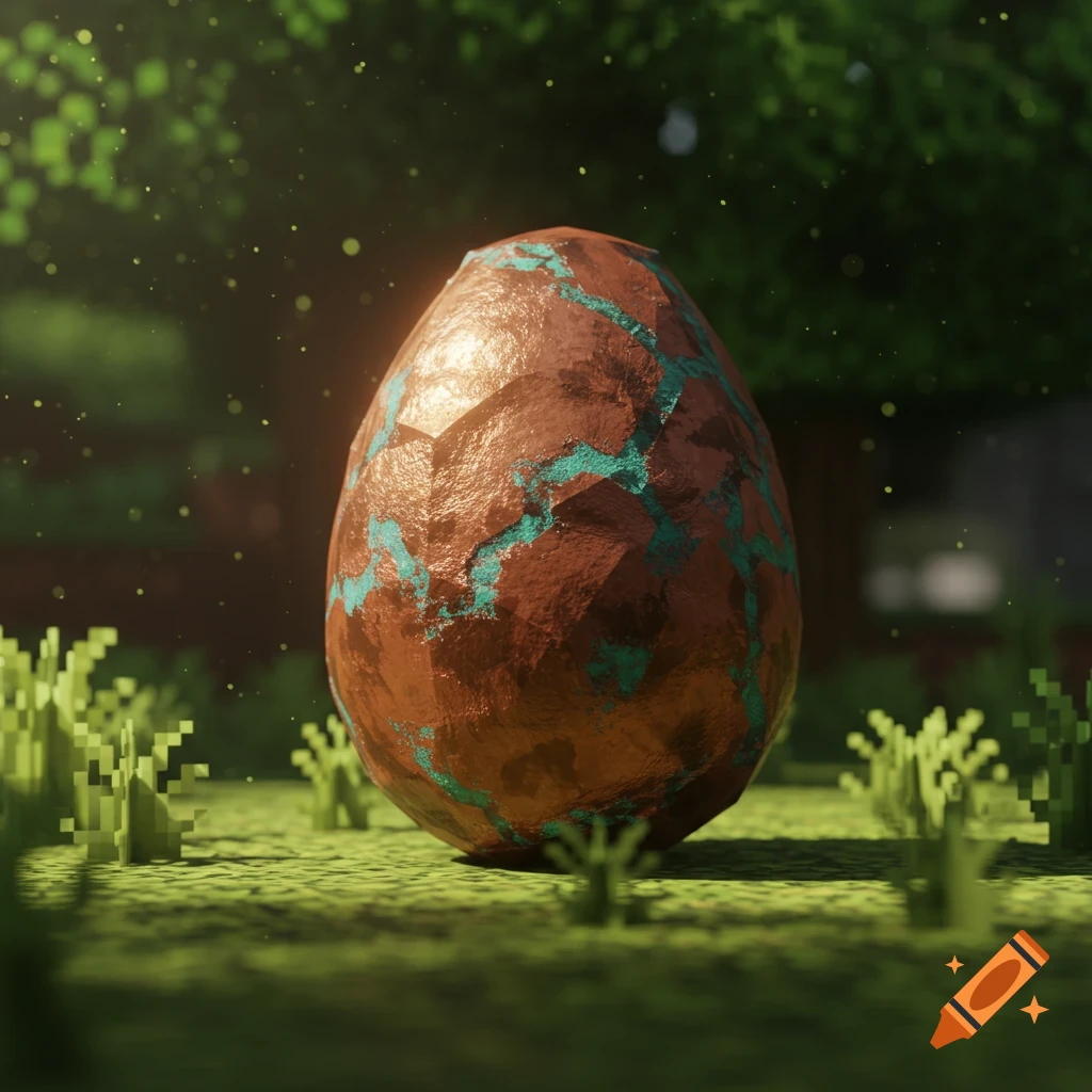 A brown, blocky egg with turquoise cracks sits on green pixelated grass in a sunlit forest, resembling a Minecraft spawn egg.