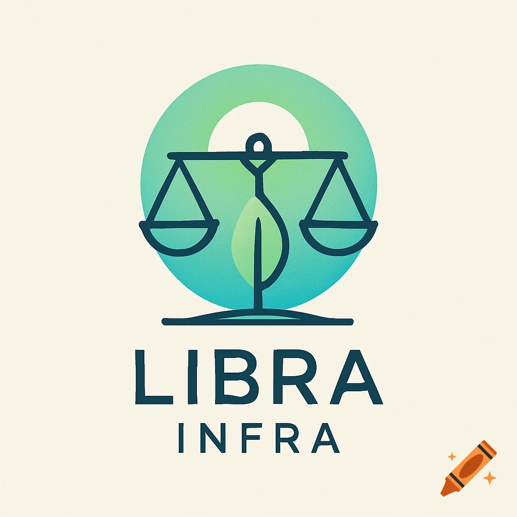 Minimalist logo featuring a balance scale with a leaf inside a green and teal circle, with 'LIBRA INFRA' text below.
