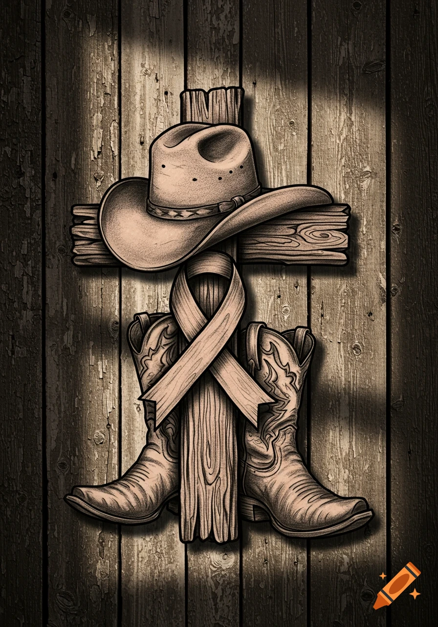 Black ink tattoo style drawing of a cowboy hat, cancer ribbon, and boots on a wooden cross against a wooden background.