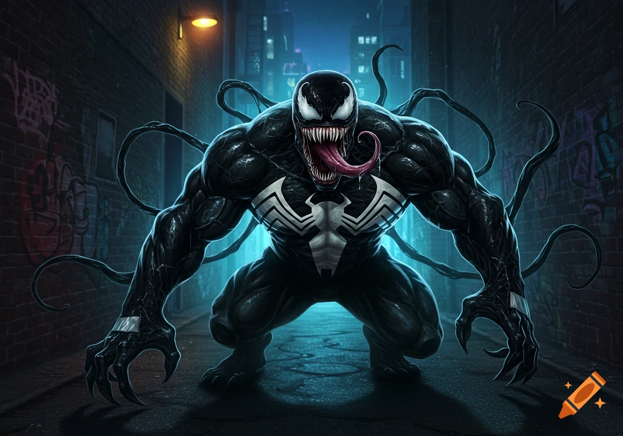 A large, muscular Venom with sharp teeth and a long tongue crouches in a dark, urban alleyway at night, in a detailed comic art style.