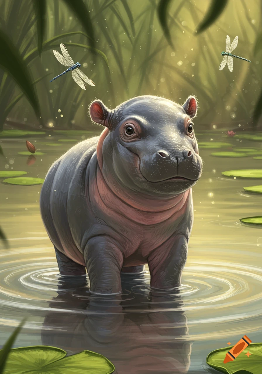 A cute baby hippo stands in a sunlit pond with water lilies and dragonflies flying overhead, in an illustrative style.