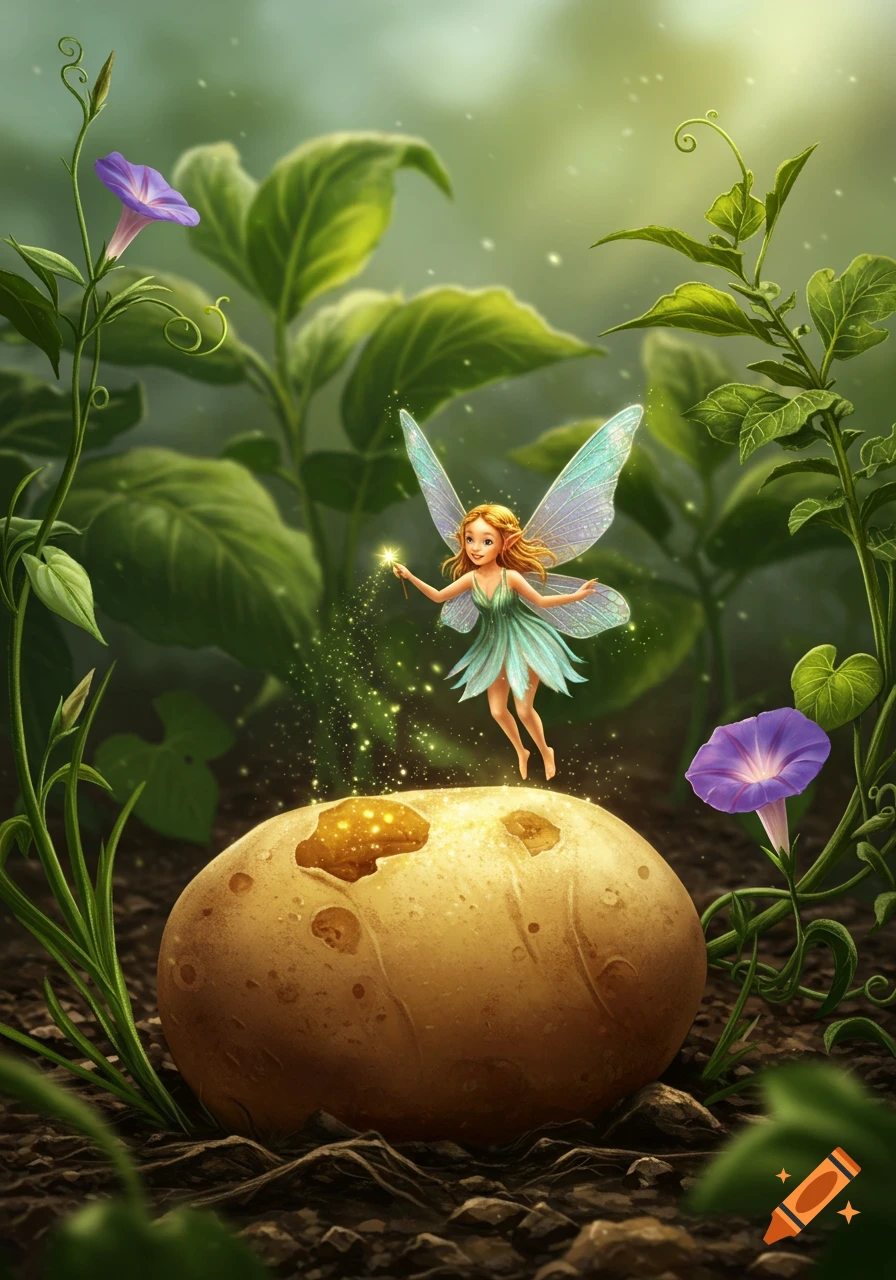 A small fairy with light blue wings and a green dress hovers over a glowing potato in a magical green garden with purple flowers.
