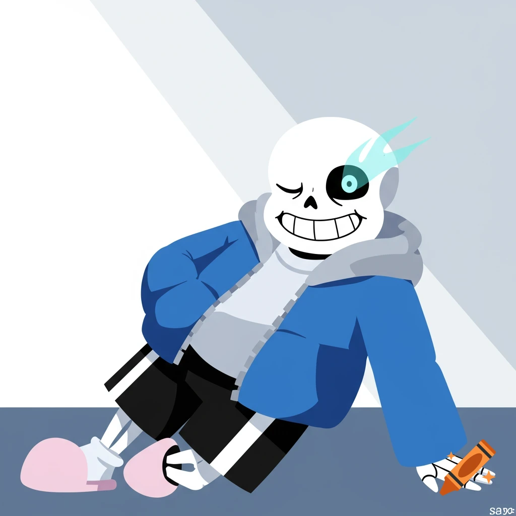 Cartoon illustration of Sans from Undertale, a skeleton character with a glowing blue eye, winking and smiling while sitting.