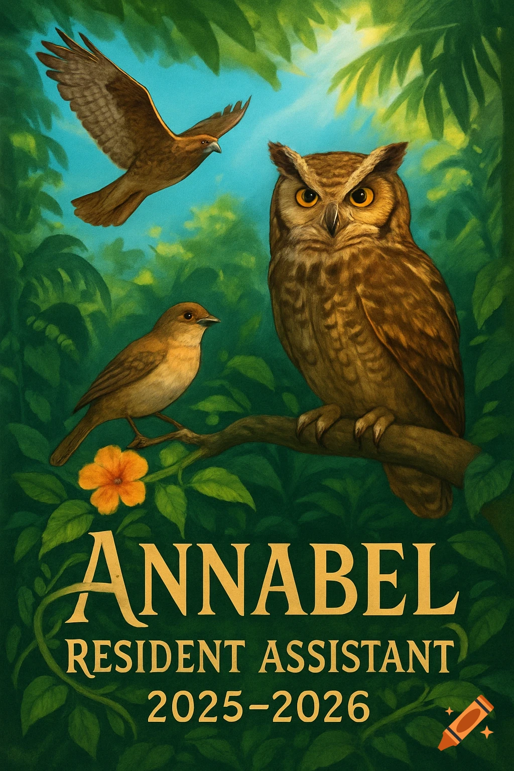 An owl, a hawk, and a small bird in a lush jungle with text 'Annabel Resident Assistant 2025-2026' at the bottom.