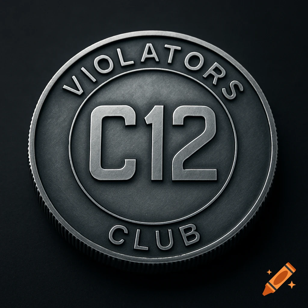 A dark metallic challenge coin with the text "VIOLATORS" at the top, "C12" in the center, and "CLUB" at the bottom, against a black background.