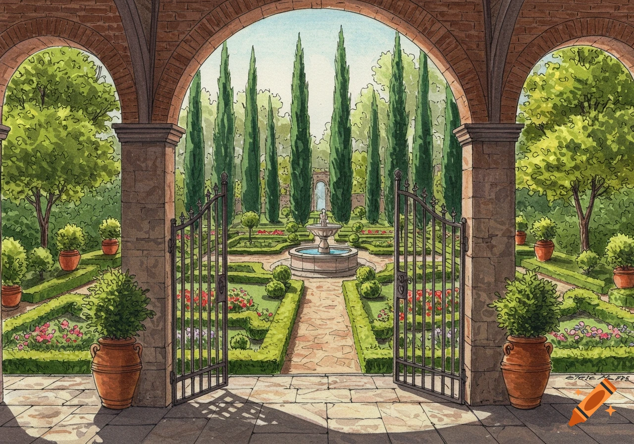 Watercolor illustration of an Italian garden with a central fountain and tall cypress trees, viewed through a brick archway.