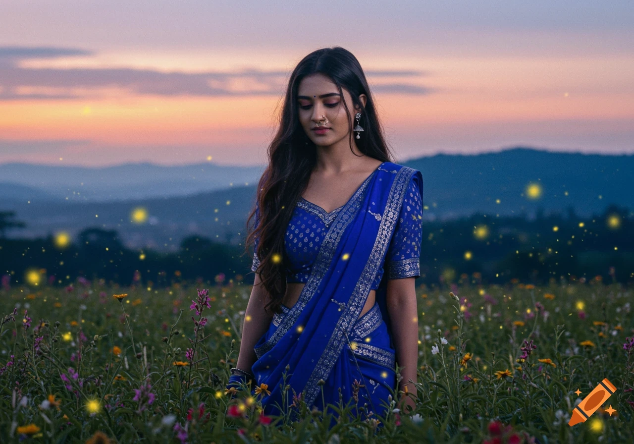 A photorealistic image of a woman in a blue and silver saree standing in a field of colorful flowers with yellow lights at sunset.