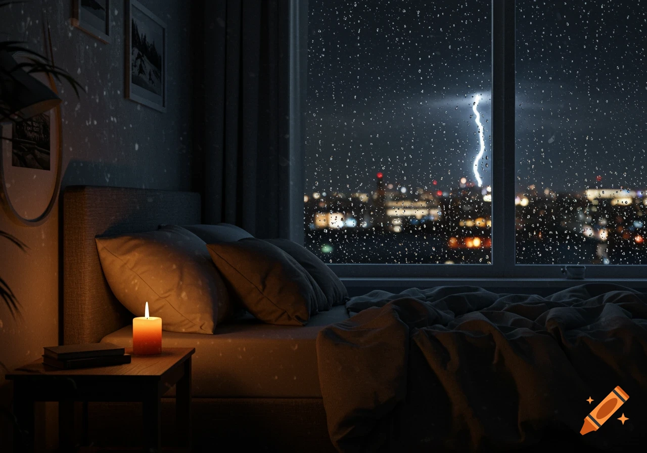 A cozy bedroom with a lit candle on a nightstand, looking out a window at a rainy city skyline with distant lightning.