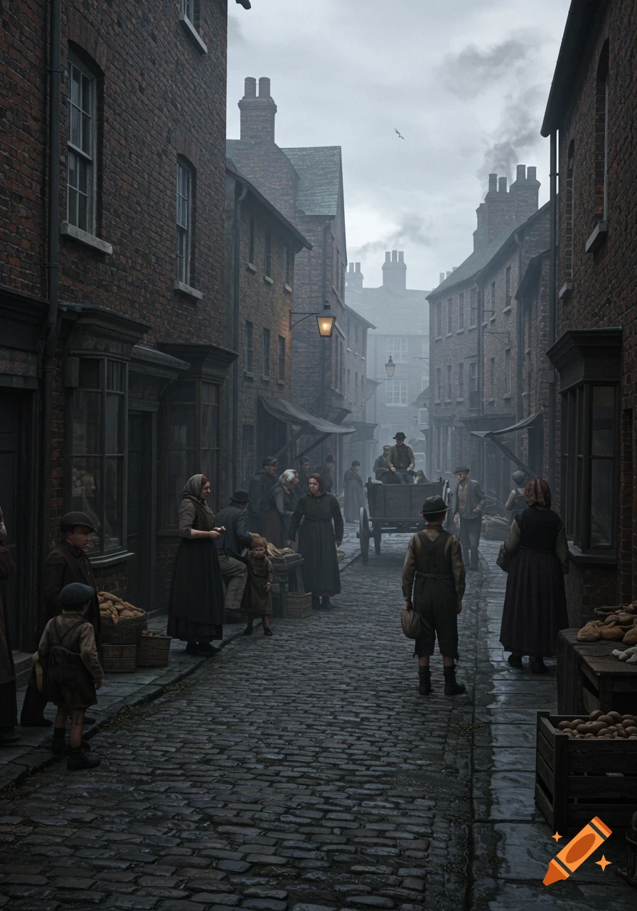 A misty, cobblestone street in a 1930s UK town, lined with brick buildings and bustling with pedestrians.