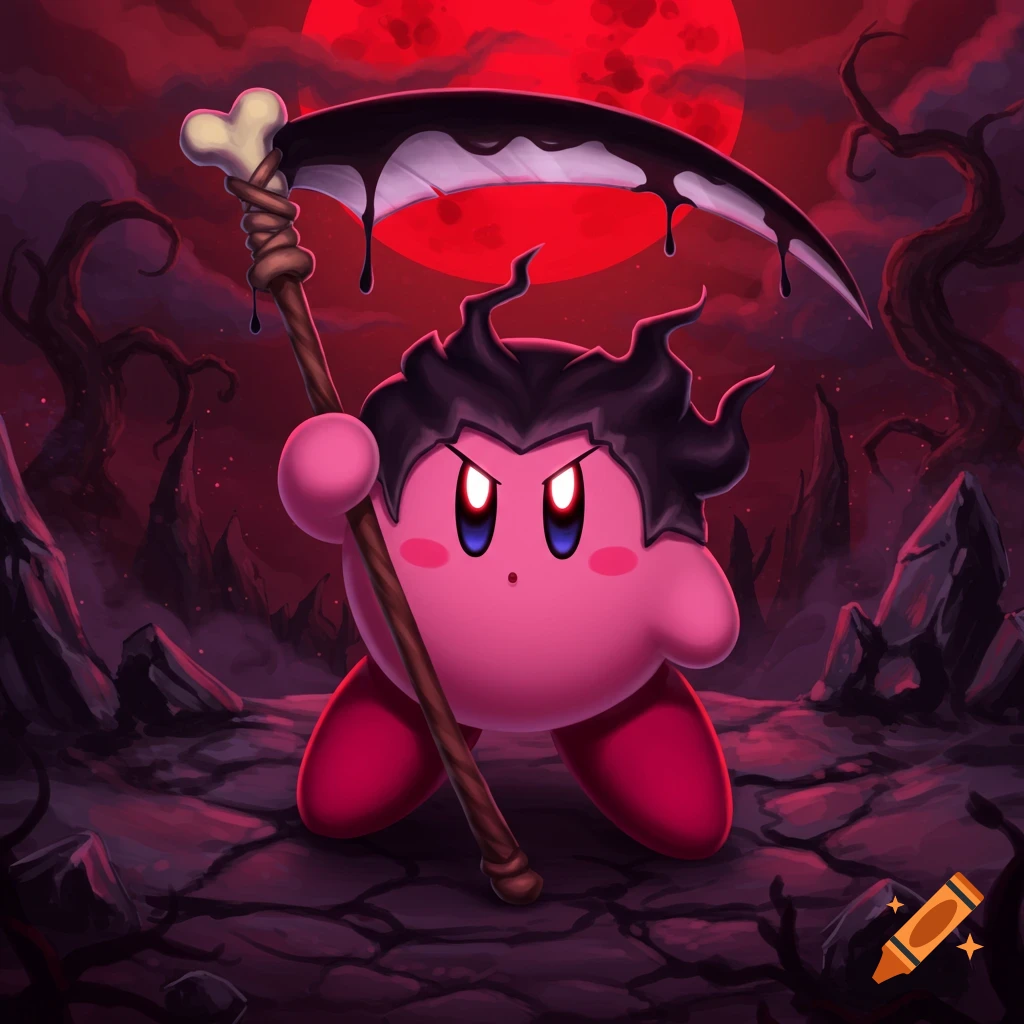 Kirby as the grim reaper, holding a dripping scythe under a blood-red moon in a dark, gnarled landscape, digital art.