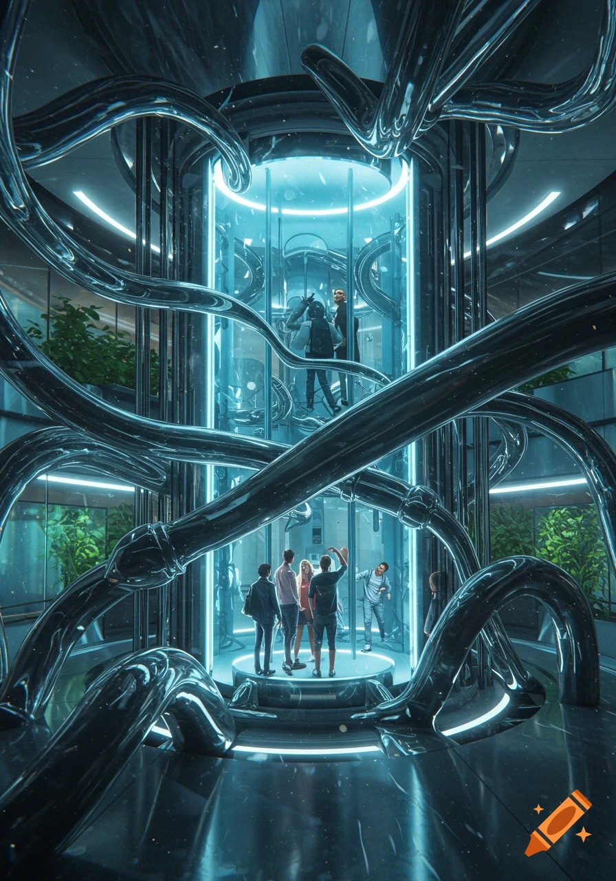 People in a futuristic, glowing elevator surrounded by large, reflective mechanical tubes within a modern building, photorealistic.