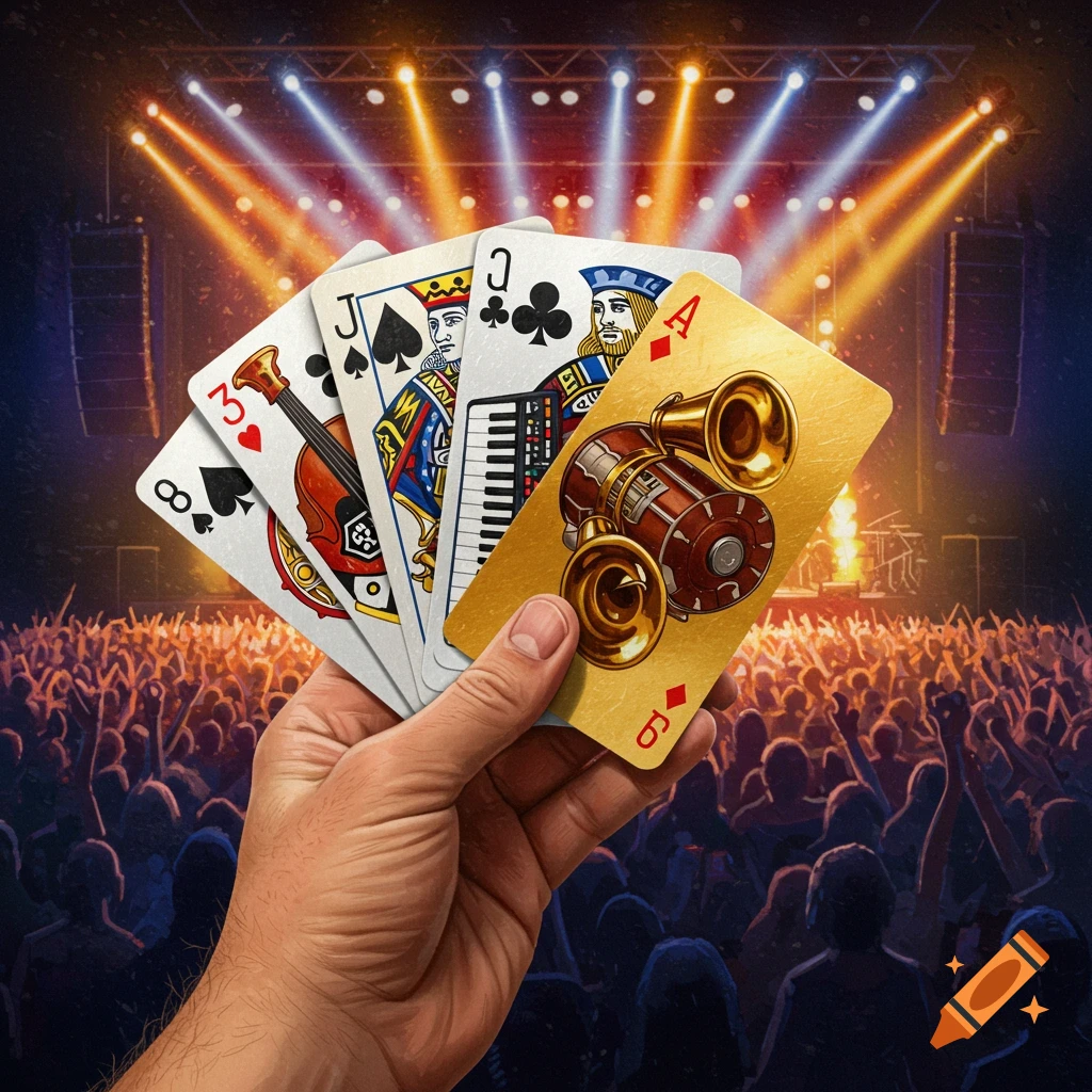 A hand holds a poker hand of playing cards featuring musical instruments, set against a vibrant concert stage with a cheering crowd.