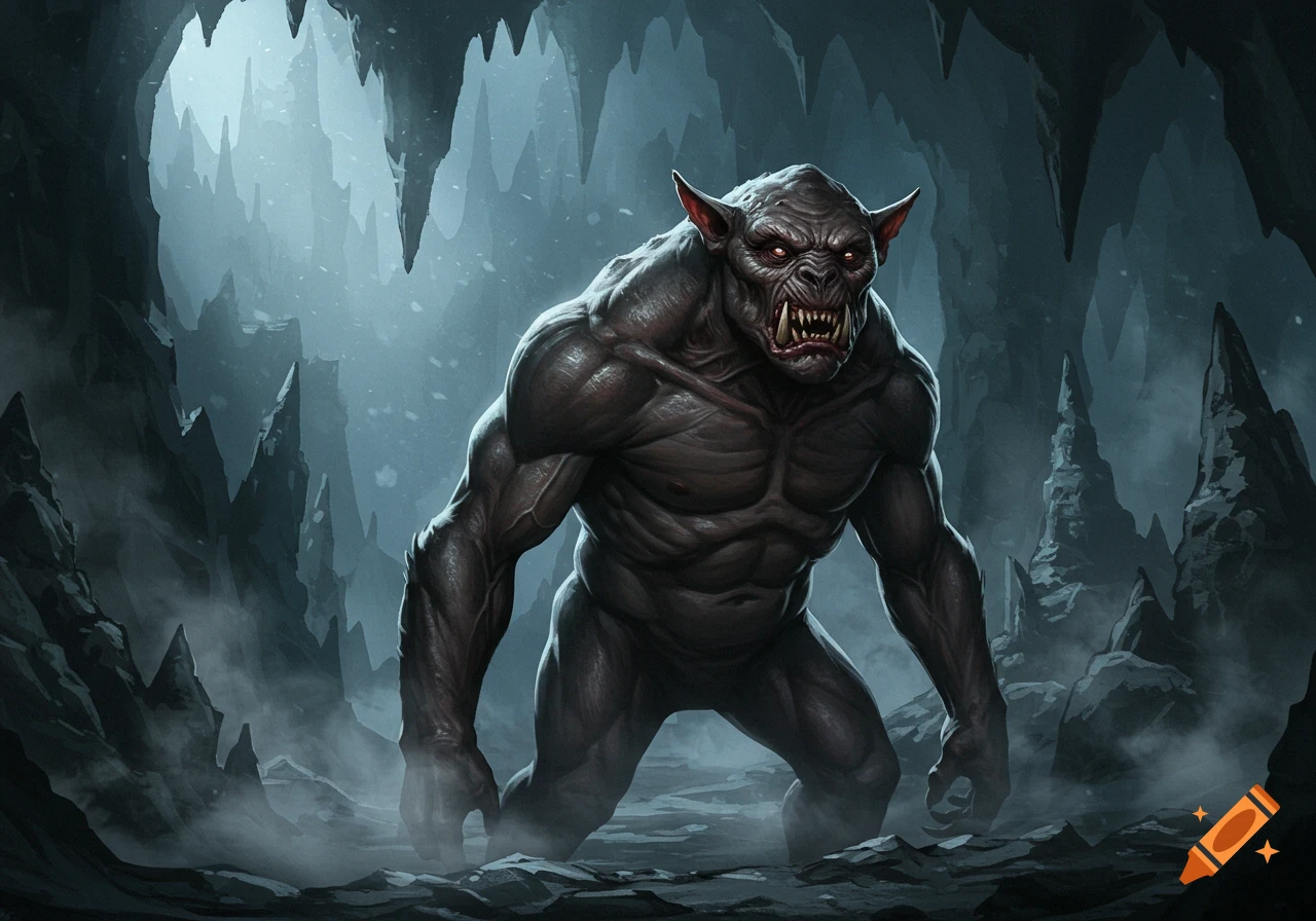 A muscular, gray-skinned monster with red eyes and fangs stands in a misty, dark cave with stalagmites, illuminated from above. Digital art.