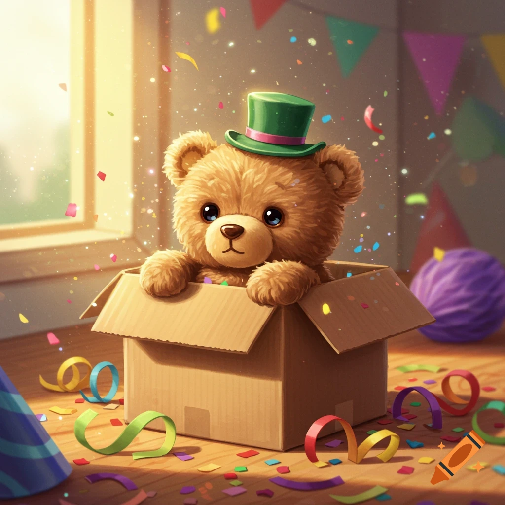 A cute teddy bear wearing a green top hat pops out of a cardboard box amidst colorful falling confetti and streamers.